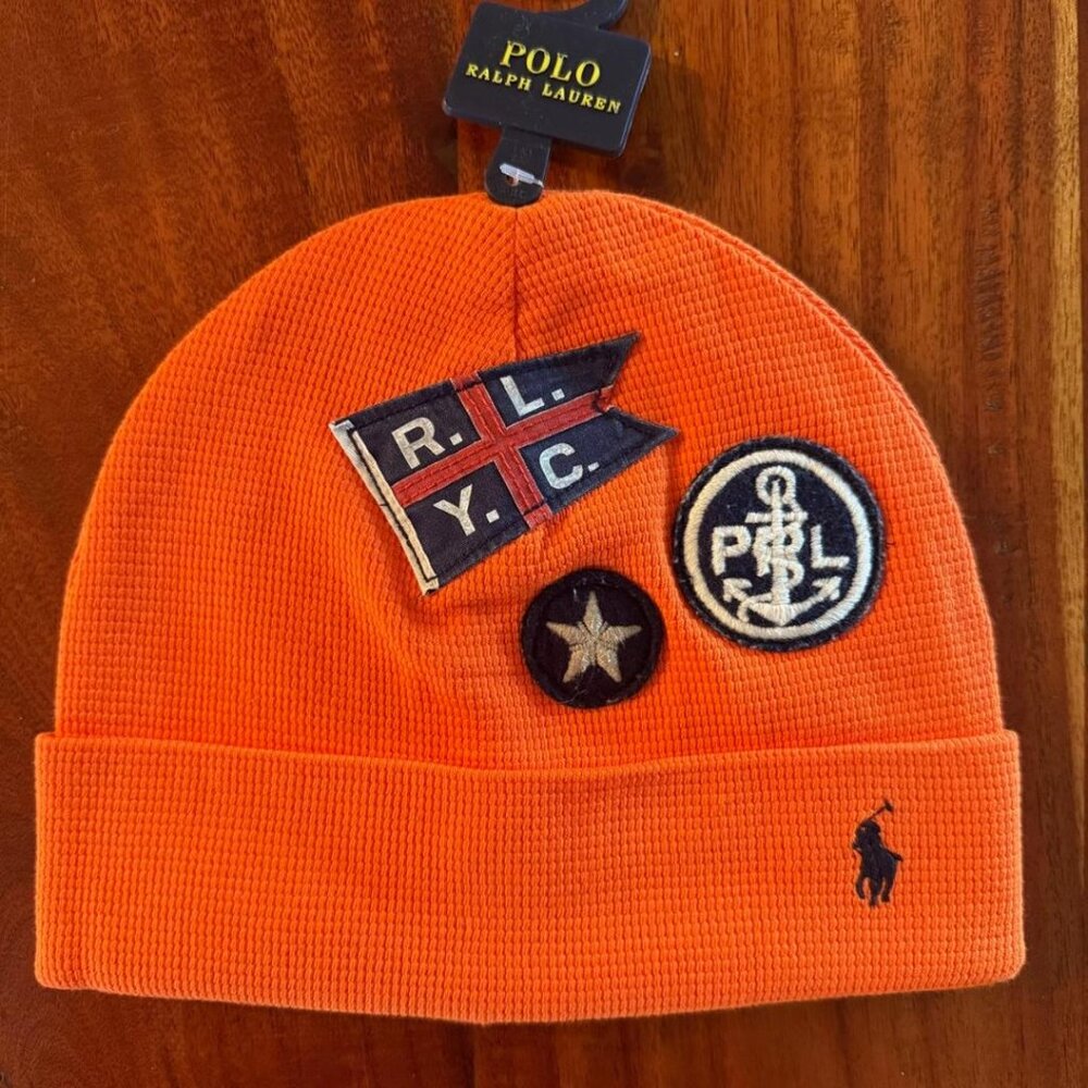 NWT POLO RALPH LAUREN NEW  1 OF 1  ORANGE NAUTICAL FLAG ANCHOR PATCH BEANIE HAT